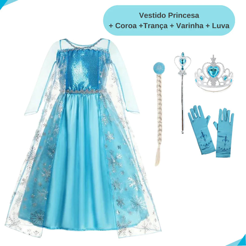 Vestido Princesa Fantasia Frozen Aniversario Luxo + Acessorios