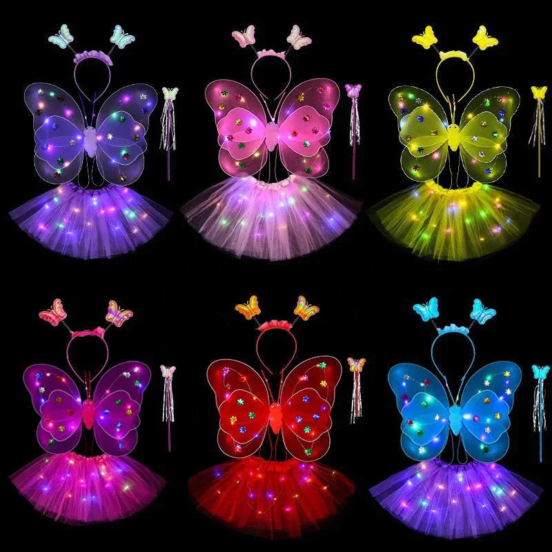 Fantasia infantil rosa fada bailarina asas+saia+tiara com led promo