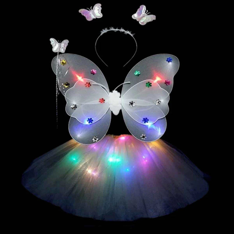 Fantasia infantil rosa fada bailarina asas+saia+tiara com led promo