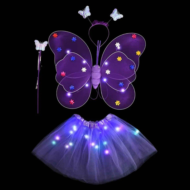 Fantasia infantil rosa fada bailarina asas+saia+tiara com led promo