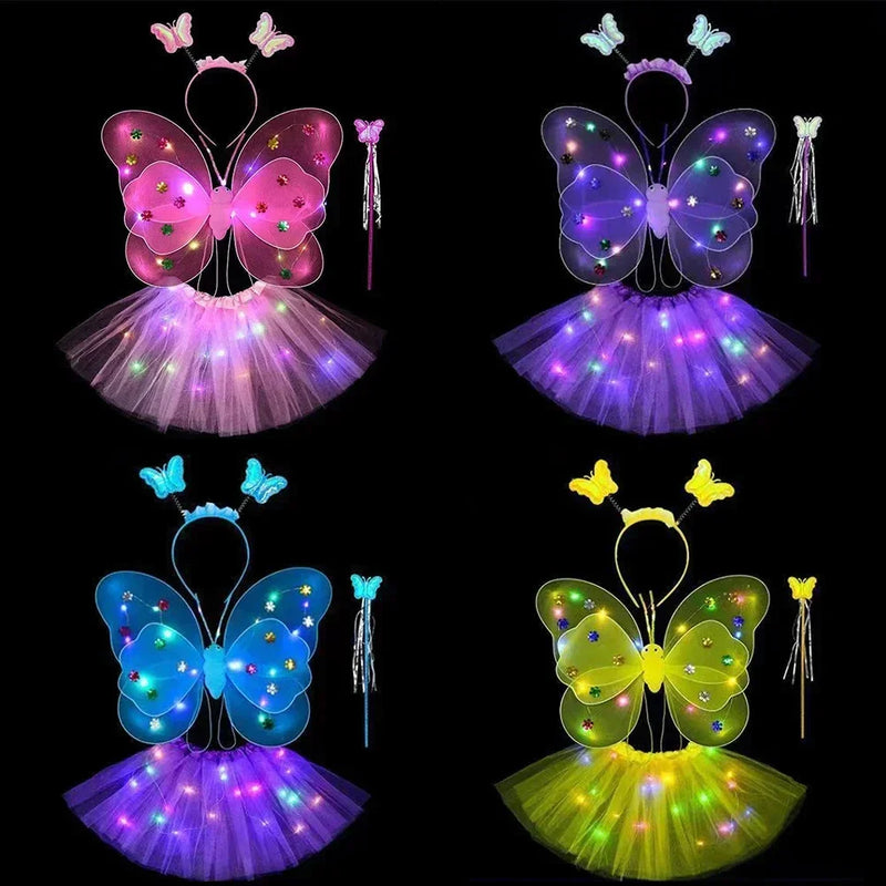 Fantasia infantil rosa fada bailarina asas+saia+tiara com led promo