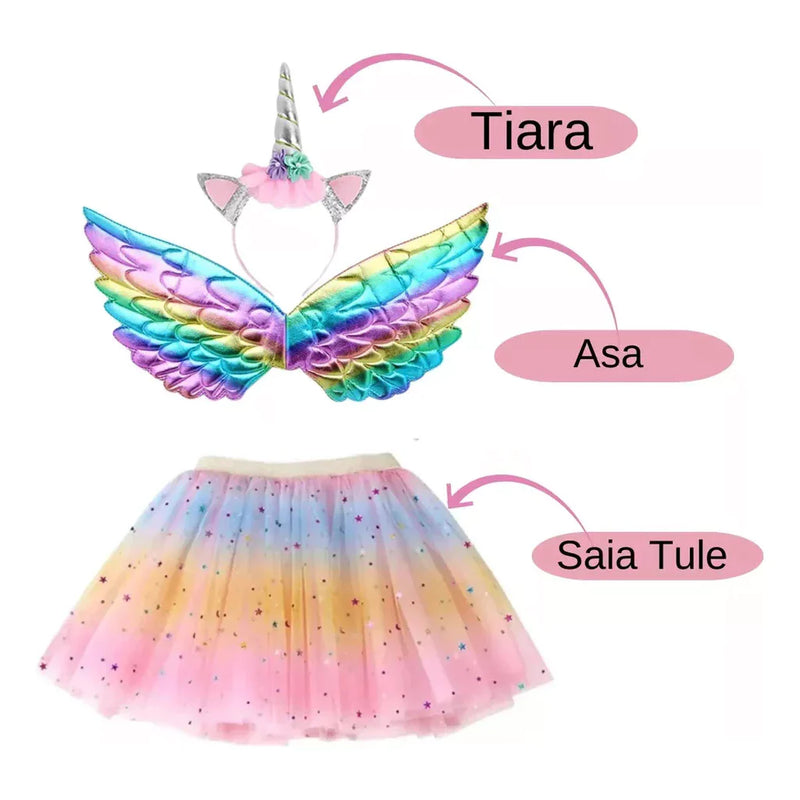 Kit Fantasia Infantil De Unicornio/Asa+Saia+Tiara