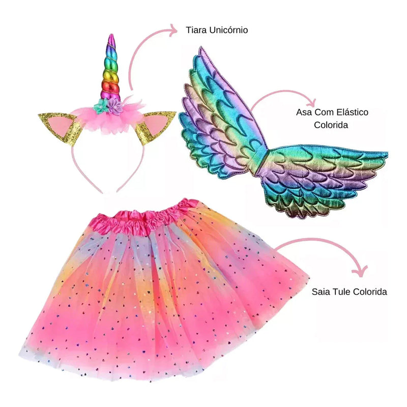 Kit Fantasia Infantil De Unicornio/Asa+Saia+Tiara